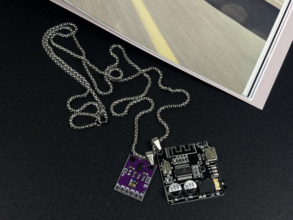Cyberpunk Dual PCB Necklace: Functional Audio & Sensor Pendants, functional cyberpunk sci-fi necklace, Laser rangefinder, radio pcb necklace, can insert earphone and USB