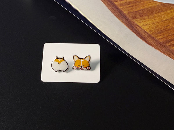 Playful Mismatched Corgi Stud Earrings