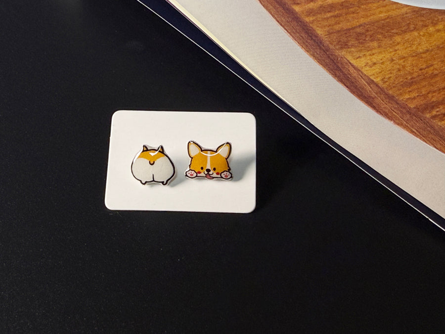 Playful Mismatched Corgi Stud Earrings
