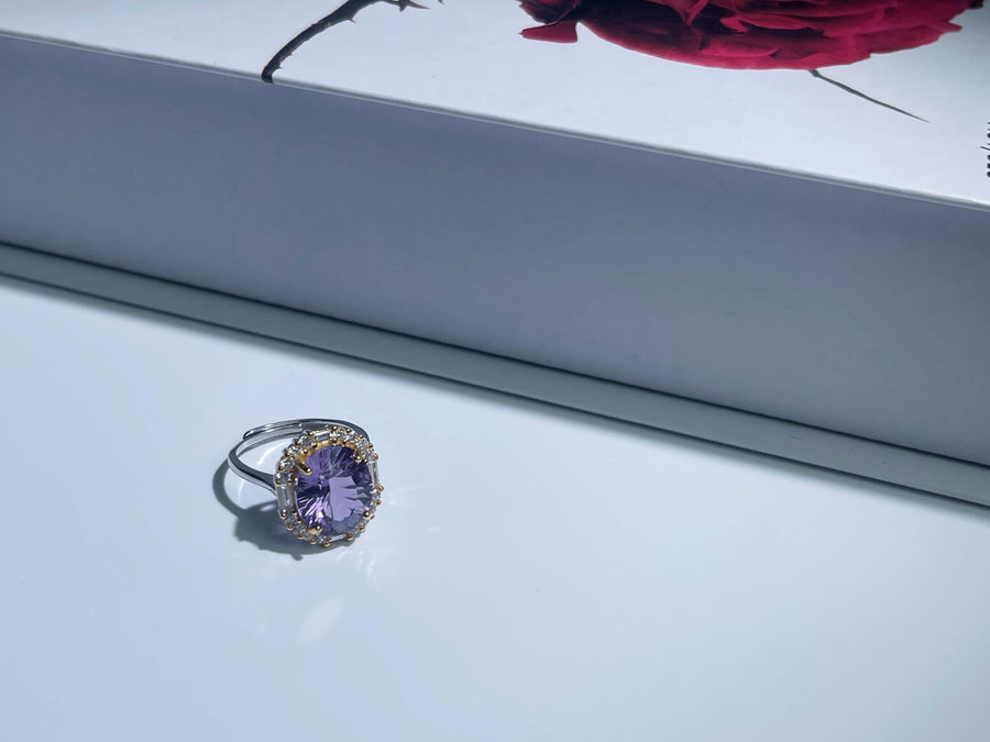 Celestia Halo Adjustable Crystal Ring – Natural Amethyst, S925 Silver