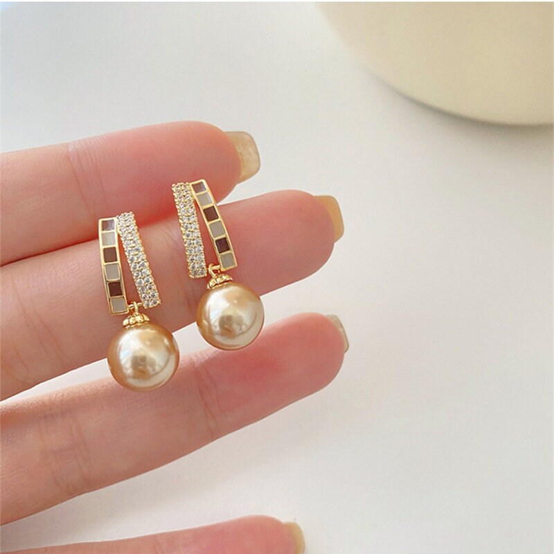 Caramel Pearl & Geometric Crystal Drop Earrings
