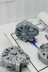 3D grey silicone earbud case shaped like a classic sci-fi spaceship freighter with detailed mechanical paneling.