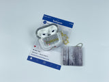 Clear earbud case filled with silver-grey liquid glitter, attached to a gold cat-shaped clip and a miniature vinyl record keychain.